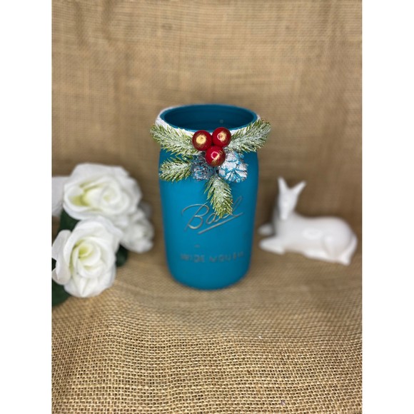 Christmas Glass Jar Ball  /  Turquoise Christmas Glass Jar with Wide Mouth Ball - Picture 3 of 11
